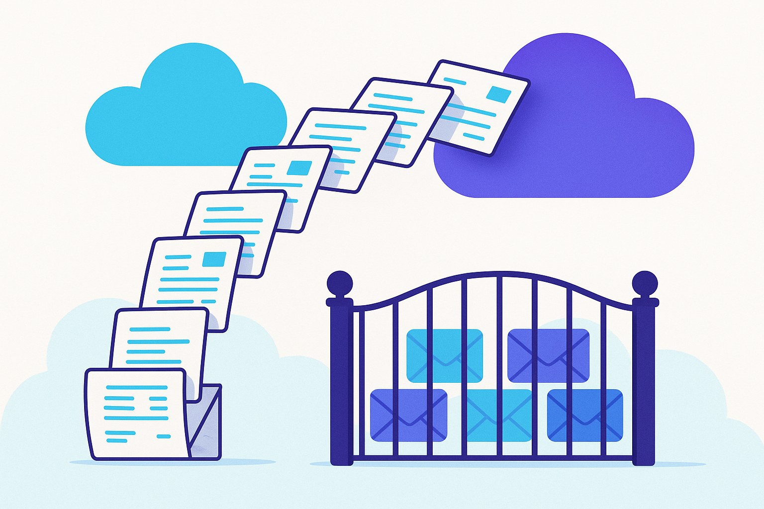Illustration of invoices moving between two clouds while a closed gate holds back a row of envelopes.