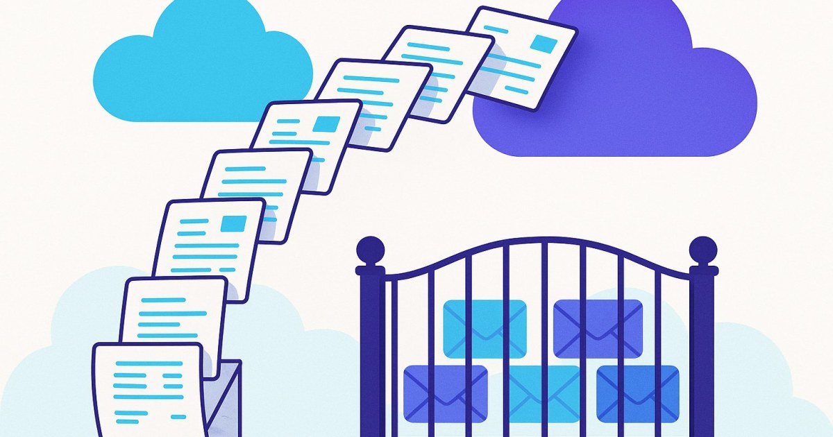 Illustration of invoices moving between two clouds while a closed gate holds back a row of envelopes.