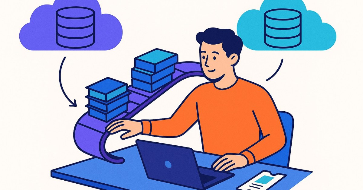 Illustration of a consultant at a desk sending a row of client folders along a conveyor from one cloud database to another, with a single pass card beside the laptop.